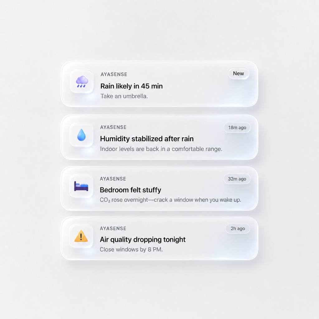 Four frosted-glass AyaSense notification cards on a light background: rain in 45 minutes, humidity after rain, bedroom CO2 overnight, and evening air quality—each with short actionable subtext