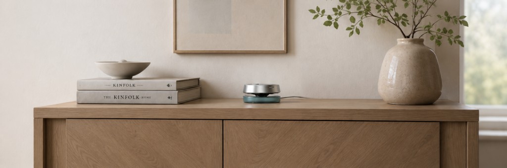 Ayasense hub sitting on a wooden sideboard beside books and a vase